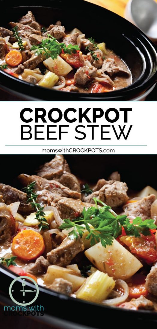 This Crockpot Beef Stew Recipe is made with wholesome ingredients and the perfect dinner option for a busy but chilly night of the week. Serve with warm crusty bread! YUM! #Crockpot #Slowcooker #dinner #beef