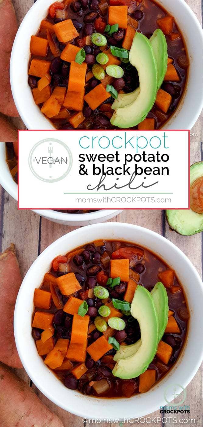 A perfect filling vegan chili option! This delicious Crockpot Sweet Potato and Black Bean Chili is hearty and full of flavor! #crockpot #recipe #vegan #slowcooker
