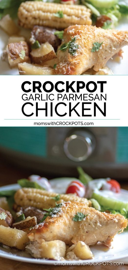 Looking for an all in one crockpot meal that your family will love? Check out this delicious and simple to make Crockpot Garlic Parmesan Chicken & Potatoes Recipe! #crockpot #slowcooker #chicken #dinner #glutenfree #healthycrockpot